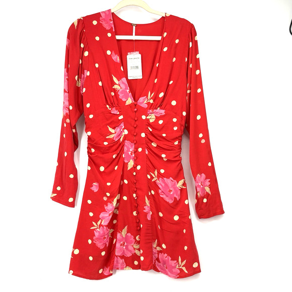 Free People Mini Dress Medium Red Strawberry Combo Date Night Boho - Picture 1 of 7